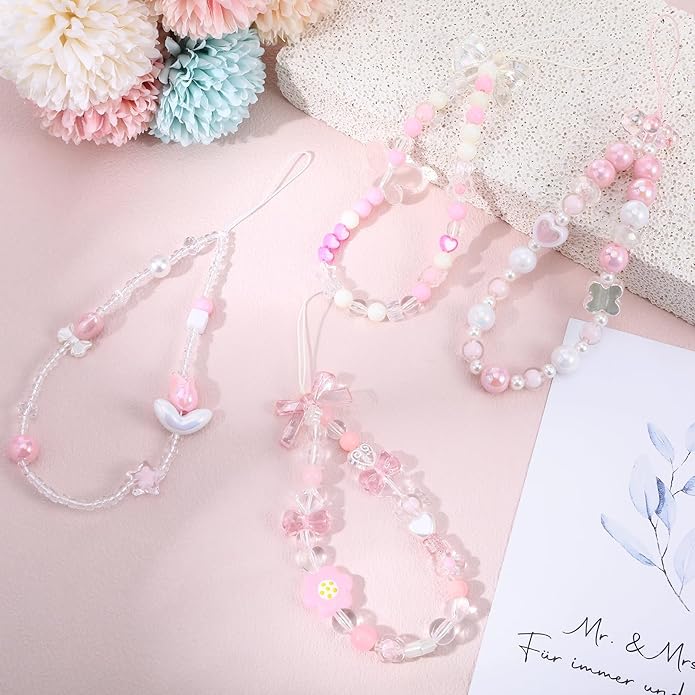 Pink Beaded Phone Wrist Straps, Y2K Phone Case Charms Camera Charm Strap, Lanyard Keychain Wristlet Aesthetic Cellphone Charm