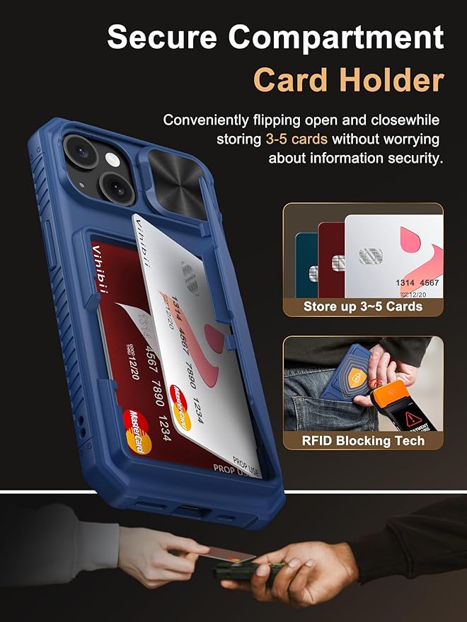 Vihibii for iPhone 15, iPhone 14, and iPhone 13 Wallet Case with Card Holder (4 Cards), [RFID Blocking] & Slide Lens Camera Cover & Raised Edges Protect Screen, Shockproof Wallet Phone Case, Blue