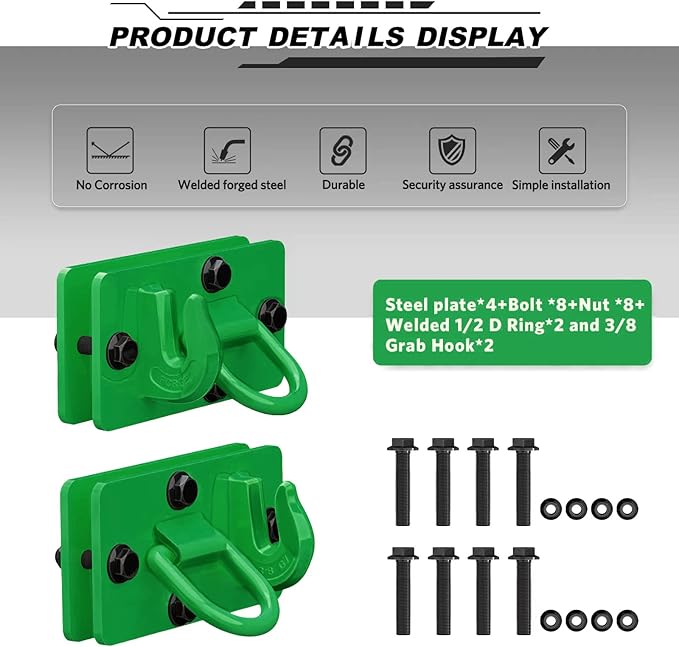 2 Pack Tractor Bucket Hooks with Tie Down Ring, Grade 70 Forged Steel Bolt On Grab Hook Tow Hook Mount with Backer Plate, Work Well for Tractor Bucket, RV, UTV, Truck, Max 15,000 lbs DarkGreen