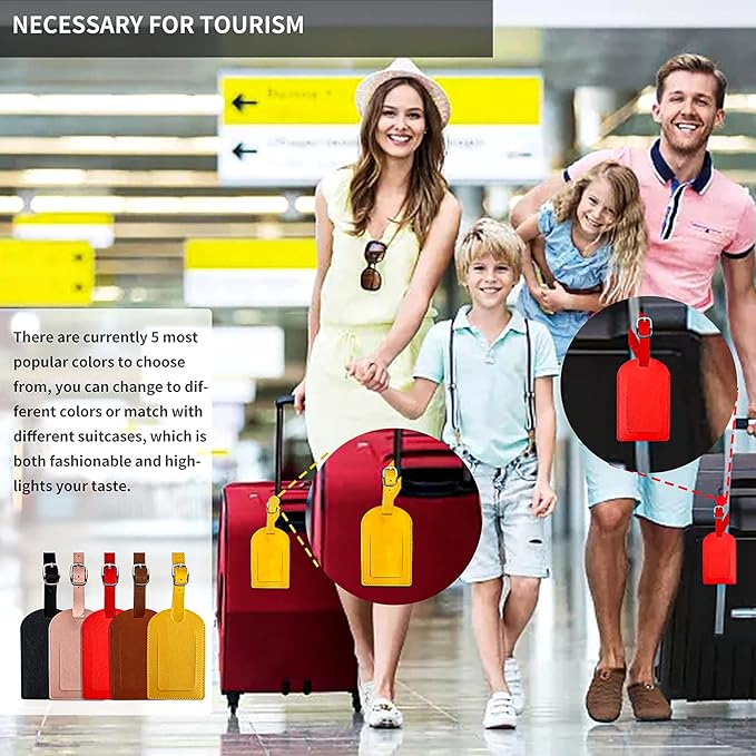 5 Pack Luggage Tags，PU Leather Luggage Bag Tags，Leather Luggage Bag Case Tags for Women Men Travel，Premium Travel Bag Baggage Tags Suitcase Identify Labels with Privacy Cover