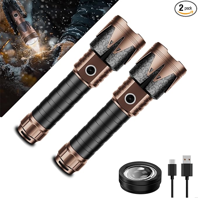 SKYFIRE Rechargeable Flashlights High Lumens 2 Pack with Ignition Lens,8000mAh Mini Bright Tactical Torch with 6 Modes Waterproof Zoomable LED Flash Light for Camping Essentials Outdoor Home Emergency