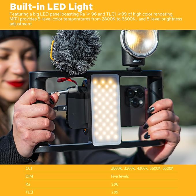 MR11 Smartphone Video Rig with Light, Built-in Battery Wireless Charging, Cold Shoe, ARRI Hole, 1/4" Hole, Remote Control, Rotatable Clamp, All-in-one Phone Vlogging Cage Video Stabilizer Grip