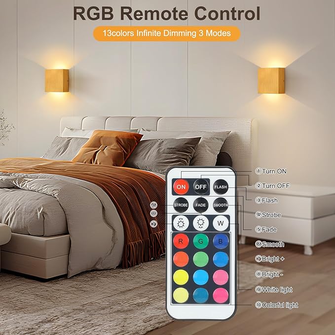 Lightess RGB Rechargeable Wall Sconces Set of Two with Remote Control, 13 Colors LED Cordless Wall Lights, Dimmable Wall Lamp for Bedroom, Living Room, Hallway (Gold)