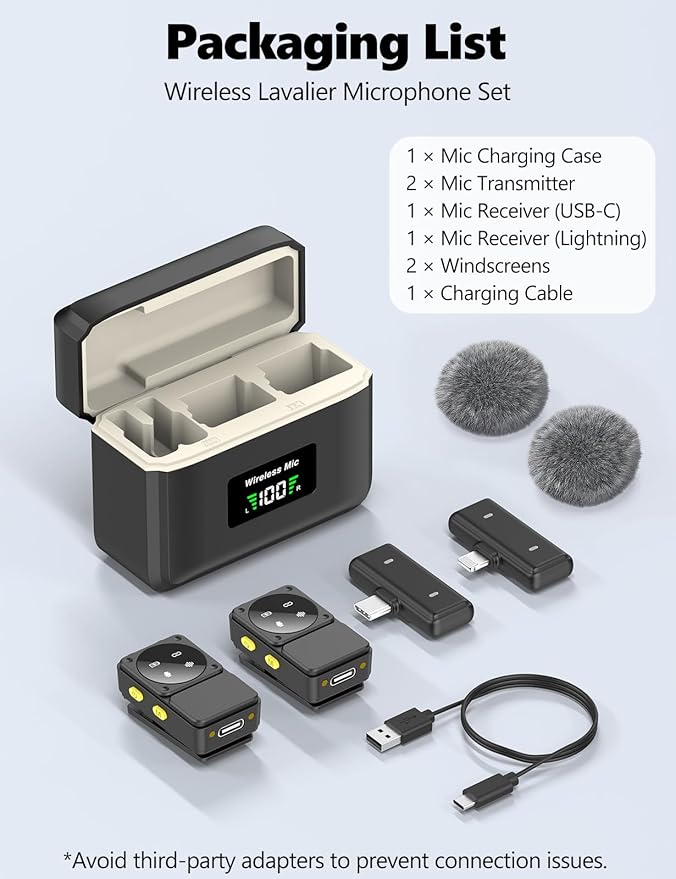 Dual Receivers Mini Microphone for iPhone, iPad, Android, Wireless Lavalier Microphone with Intelligent Noise Reduction, 48H Battery Life, 164FT, Double Lav Mics for Video Recording, YouTube, TikTok
