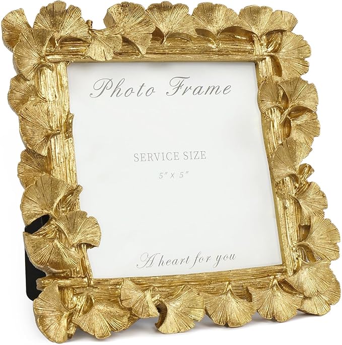 Cuspin 5x5 Picture Frame Vintage Gold Frames, Gold Ornate Leaf Textured Hand-Crafted Resin with Glass Front, Antique Square Photo Frame for Tabletop Display, Retro Design Home Decor