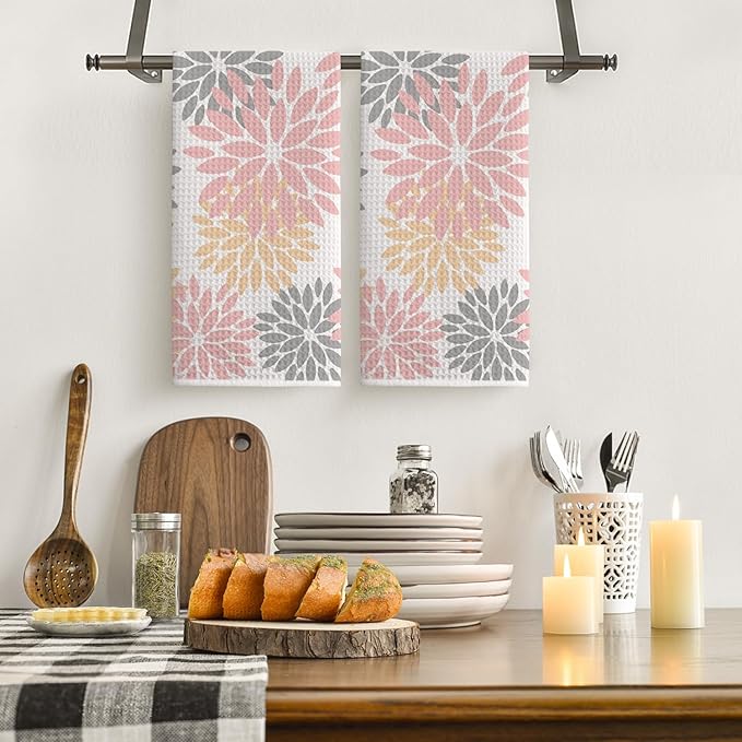 Artoid Mode Pink Dahlia Floral Kitchen Towels Dish Towels, 18x26 Inch Quick Dry Microfiber Cloth Hand Towels for Kitchen Drying Set of 2