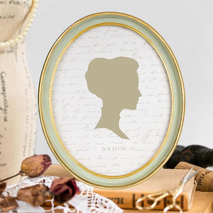 AELS 8x10 Inch Vintage Picture Frame, Elegant Antique Photo Frames with Glass Front, Photo Display, Tabletop Wall Hanging, Gift Ideas, Oval Sage Green with Gold Trim