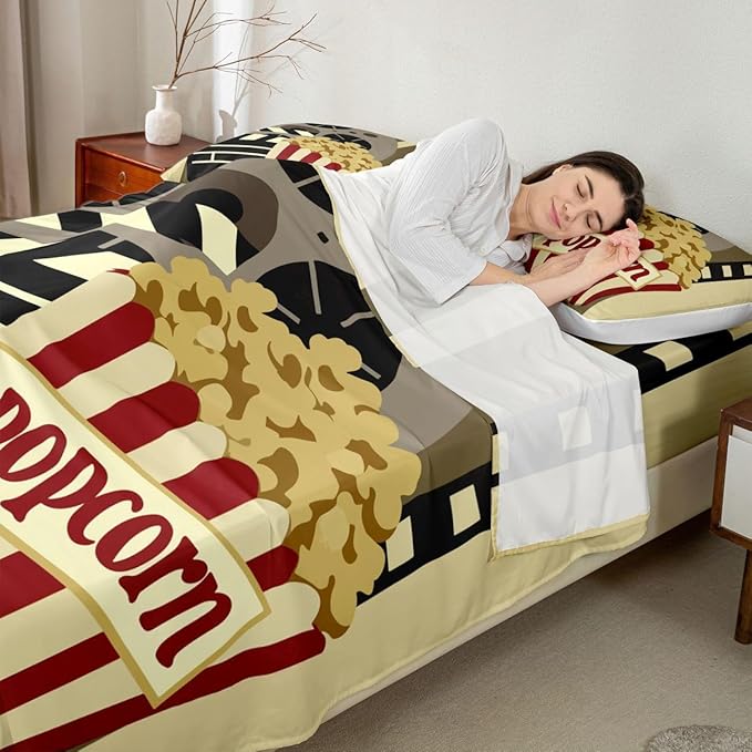 Erosebridal Retro Film Cinema Bed Sheets Set Twin Size for Kids Boys Girls,Delicious Popcorn Sheet Set,Movie Theater Film Sheets,Vintage 70s 80s Flat Fitted Sheet with 1 Pillowcase Deep Pockets
