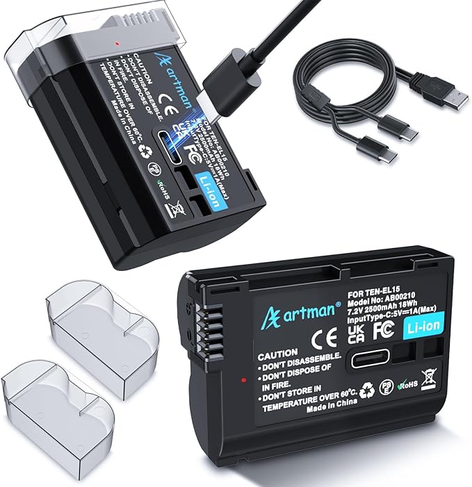 Artman EN-EL15C Battery 2-Pack 2500mAh with 2in1 USB-C Charging Cable, EN-EL15 Battery for Nikon Z8 Zf Z5 Z6 Z6 II Z7 Z7II D7000 D7200 D7500 D600 D610 D750 D780 D800 D850 D800E D810 D810A 1 V1 Cameras