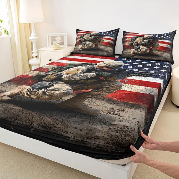 American Flag Sheet Sets for Adult Teens Boys Camo Soldier Flat Sheet Kids Men Vintage Usa Flag Top Sheet Military Camouflage Grunge Stripes Bed Sheet,1 Flat Sheet+1 Fitted Sheet+2 Pillowcases,Queen