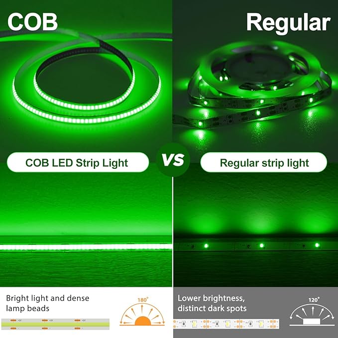 Green COB LED Strip Lights Battery Powered with Remote, 6.56FT 640LED Light Strip Dimmable Cuttable Flexible Wireless LED Tape Light for Cabinet, Boat, Car, Computer, TV backlighting, Holidays Party