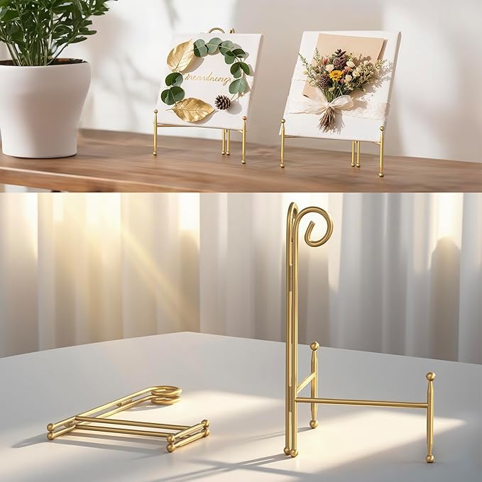 HEMYLU Display Stand for Plate, Foldable Metal Plate Stand for Table, Decorative Easel Holder for Picture Frames, Photos, Wedding Cards, Sign Posters, Cavas, 6-inch Gold