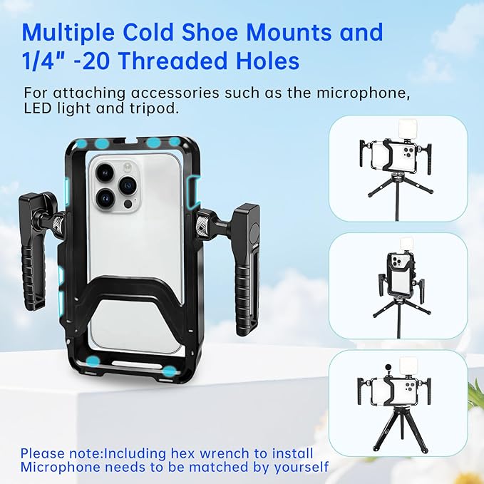 Phone Video Stabilizer Rig Kit: Phone Cage Rig for Video Recording with Handles LED Light Tripod - for Videomaker Videographer - for iPhone for Samsung for Pixel and Other Android Phones