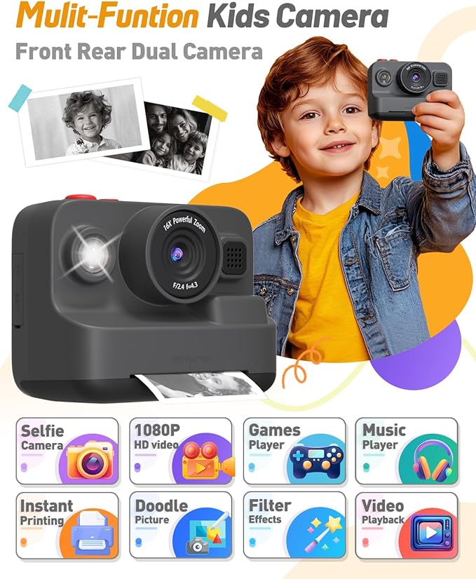 Kids Camera Instant Print, Dual-Lens Front Rear Selfie Camera for Kids, Christmas Birthday Gifts Toys for 3-12 Year Old Boys Girls, 2.4in Screen 1080P Kid Digital Cameras with 32G Card