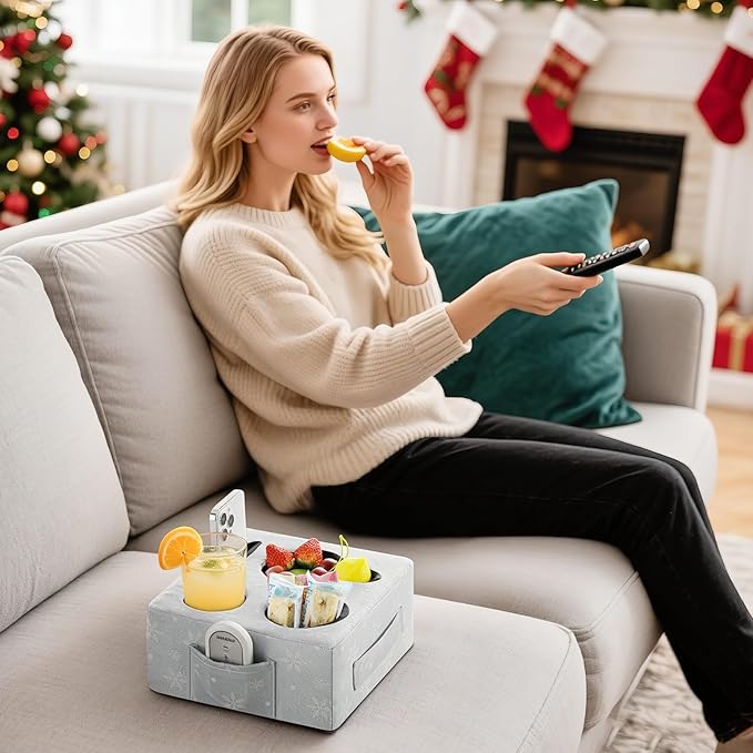 Luxspire Couch Cup Holder Tray, Couch Cup Holder Pillow with 4 Holes, Side Pocket and Handle, Couch Caddy Pillow for Phone/Drinks/Remote Control/Snacks, Christmas Style