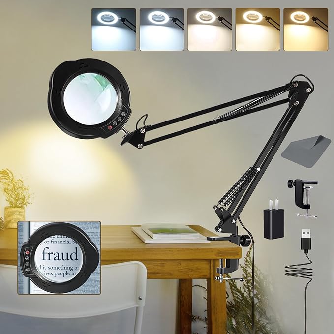 VUEJIC 12X Magnifying Glass with Light and Clamp, Magnifier with Light Hands Free,84 LEDs Real Glass Lens Magnifying Lamp for Close Work, Repair, Reading, Craft (Black 2)