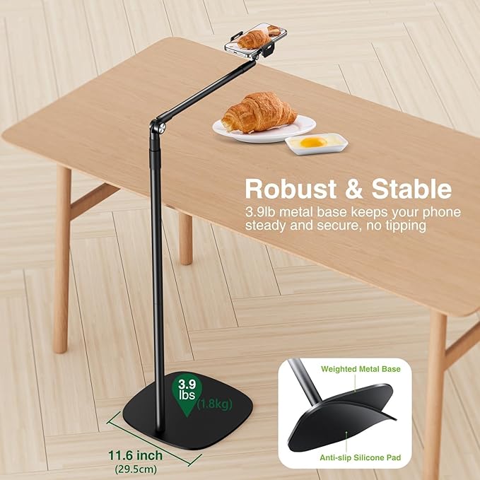 elitehood Floor Phone Stand Overhead Video Recording, 360 Degrees Swivel Tilt Adjustable iPhone Stand for Bed, Chair, Desk, Floor Phone Holder Compatible with iPhone 15, 14, 13, 12, Android Phone
