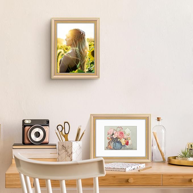 Golden State Art,9x12 Ornate Picture Frame for 6x8 Photo with Mat or 9 x 12 Prints without Mat, Real Glass Wall Display Horizontally or Vertically (Color:Champagne Gold)