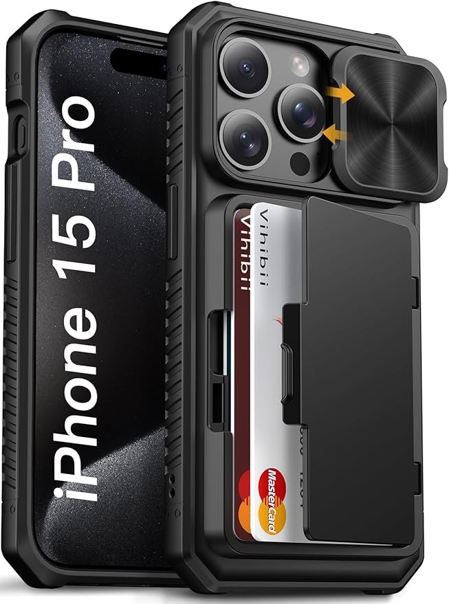 Vihibii for iPhone 15 Pro Case with Card Holder (4 Cards) & Slide Camera Cover & Kickstand, Shockproof Rugged Hard Back & TPU Soft Edge Wallet Phone Case for iPhone 15 Pro 5G 6.1" 2023, Black