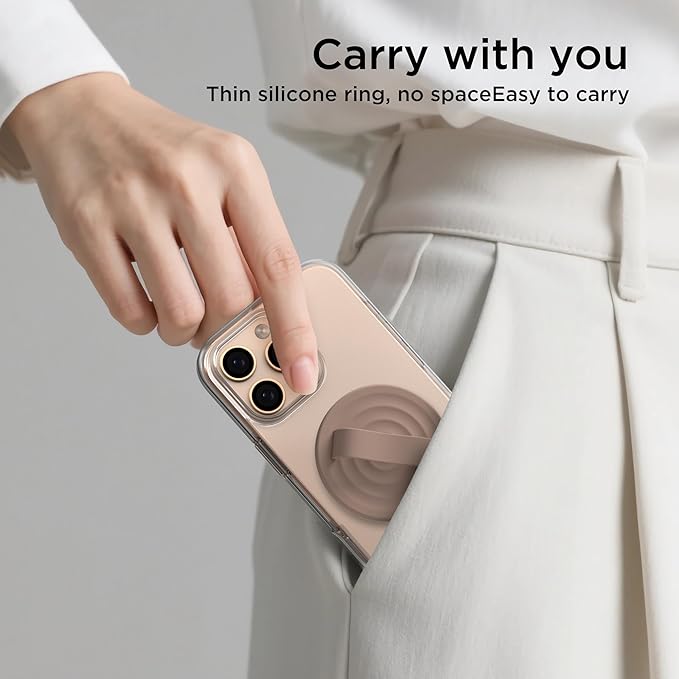 Magnetic Phone Grip Ring Holder, Liquid Silicone Magnet Cell Phone Grip Finger Loop, Compatible with Magsafe, Back of Phone for iPhone 17/16/15/14/13/12 Series, Light Brown