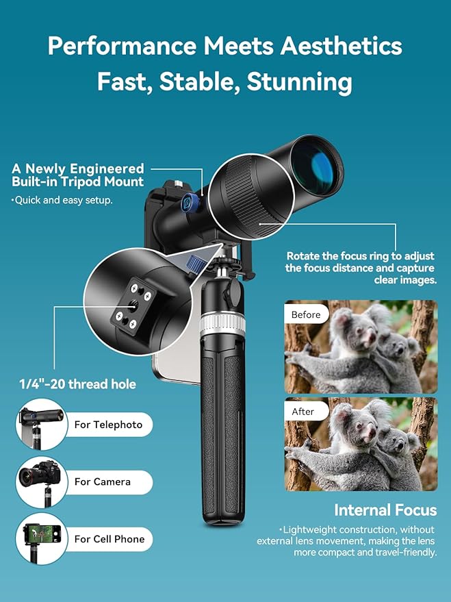 MIAO LAB 30X Telephoto Lens, High Power HD Telephoto Phone Lens with Adjustable Tripod and Universal Phone Clip, Phone Lens Attachment for iPhone 17/16/15/14/13 Series, Android and Most Smartphone
