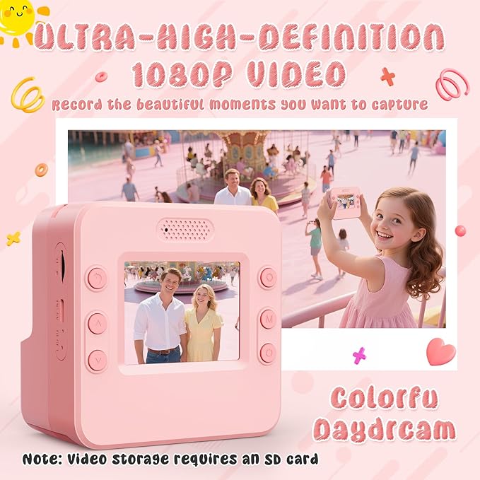 Kids Camera Instant Print Toys for Teenage Girls:1080P HD Digital Video Cameras for Girls, Christmas Birthday Gifts for 3 4 5 6 7 8 9 10 11 12 13 14 Year Old Girl with 32GB Sd Card-Pink