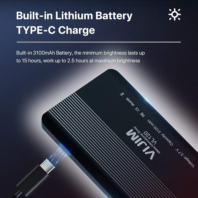 VIJIM VL120 LED on Camera Video Light,Mini Bi-Color Portable Photography Lighting w 6 Color Filters, 3100mAh Rechargeable CRI 95+ 3200K-6500K Dimmable LED Panel Light for DSLR Camera