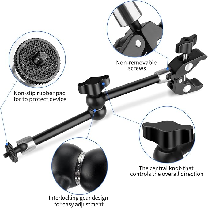 Hemmotop Magic Arm Camera Mount Clamp, 9.8 in Adjustable Articulating Friction Arm Max. Load 6.6 LBS, for iPhone Monitor, Camera Mounts & Clamps Kit MS01 Black