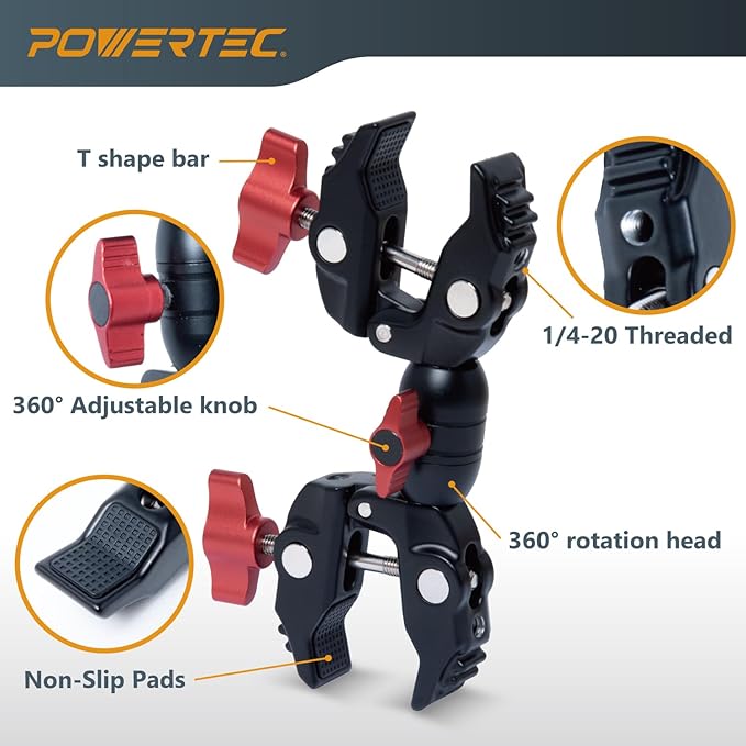 POWERTEC Double Super Clamp Camera Mount with Two 1/4"-20 Mounting Holes for Magic Arm, Desk, Umbrella, Bike, Photography Lighting, Softbox (71924)