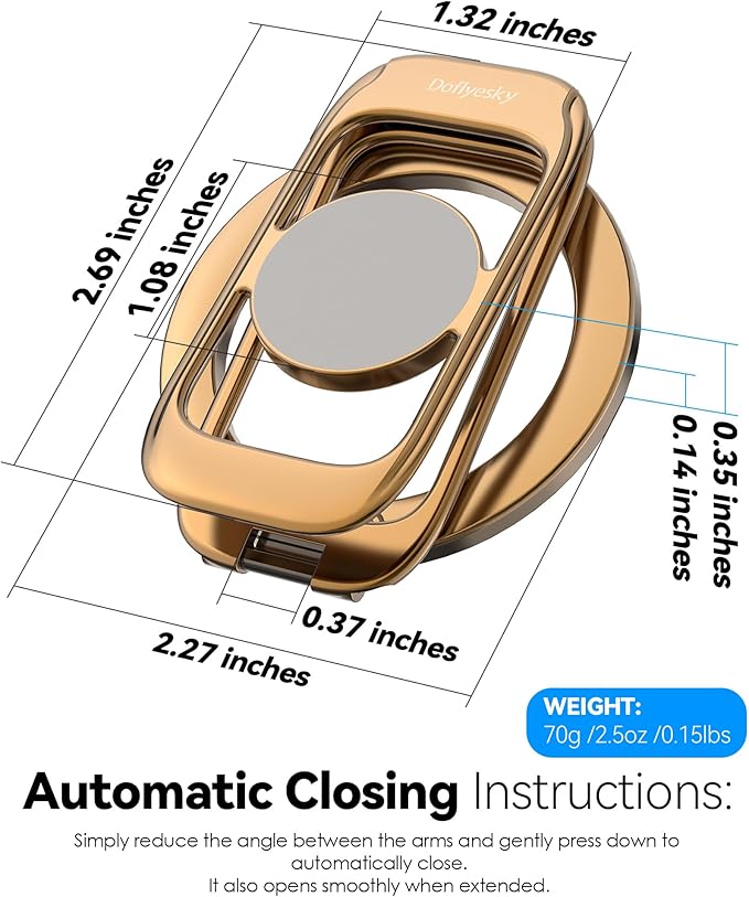 Magnetic Phone Ring Holder for MagSafe Phone Grip & Kickstand, Strong Dual-Sided Magnets Compatible with MagSafe Car Mount for iPhone 17/16/15/14/13/12 Pro Max and Android Phone Cases (Gold)