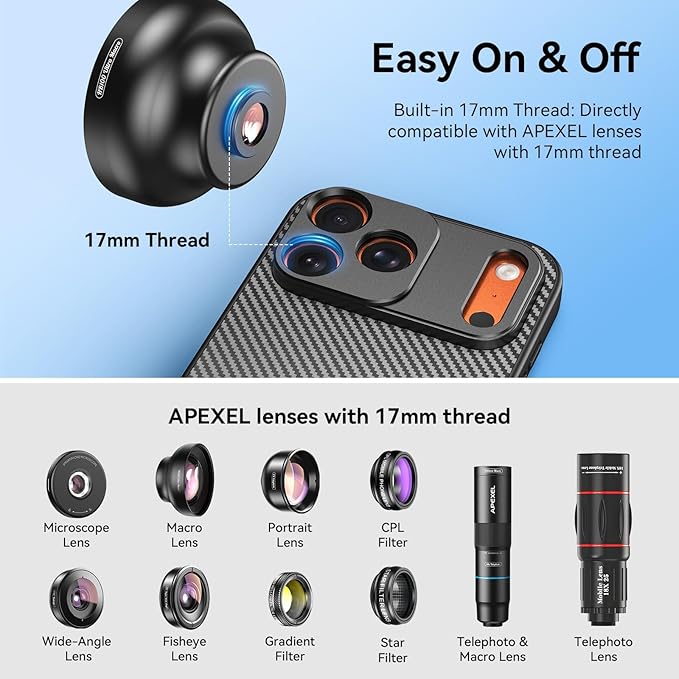 APEXEL 17mm Thread Lens Phone Case Compatible for iPhone 17 Pro Max, Compatible with All Telephoto & Macro Lenses, Durable Protective Cover Black