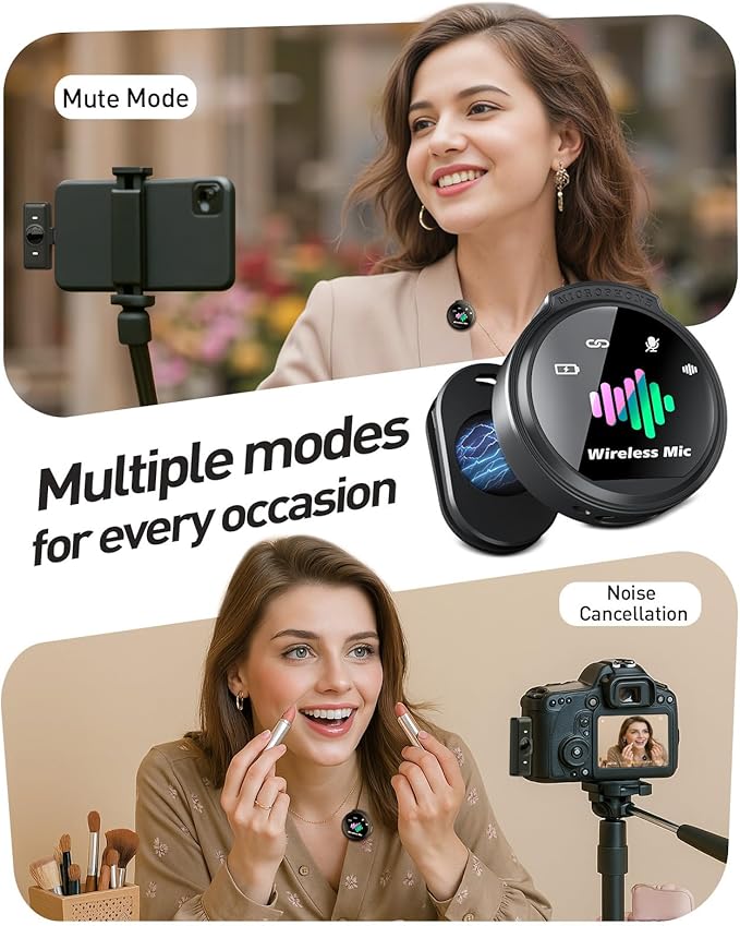 Wireless Lavalier Microphone for iPhone: Mini Microphones for Android Equipment - Noise Reduction Lapel Mic for Professional Recording - 80h Battery Life - 48KHz Studio Sound