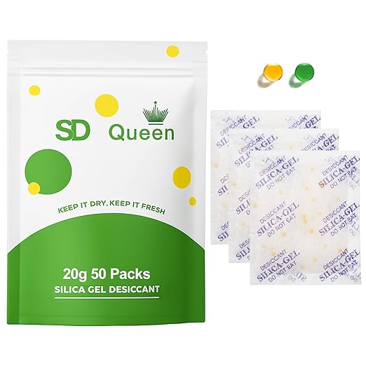 50-Pack 20g Silica Gel Packets – Heavy Duty Premium Rechargeable Moisture Absorbers with Color Indicating Beads for Bulk Storage, Seeds, Collectibles & Leather