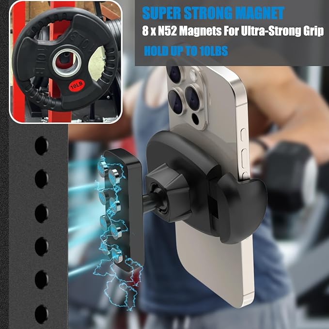 Magnetic Phone Holder for Gym【8pcs Strong Magnets】360° Adjustable Gym Magnetic Phone Tripod Mount Attach to Metal Surface, Gym Accessories for Women Men Workout Essentials for 4-7" Cell Phones
