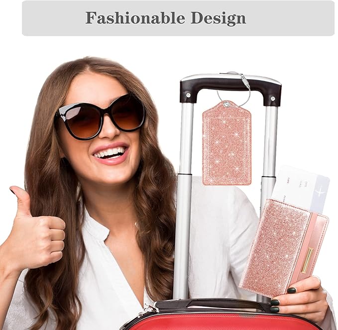 (Set of 2) Luggage Tag Leather Privacy Cover ID Label Address Card with Stainless Steel Loop, Travel Bag Tags Suitcase Labels, Glitter Rose Gold