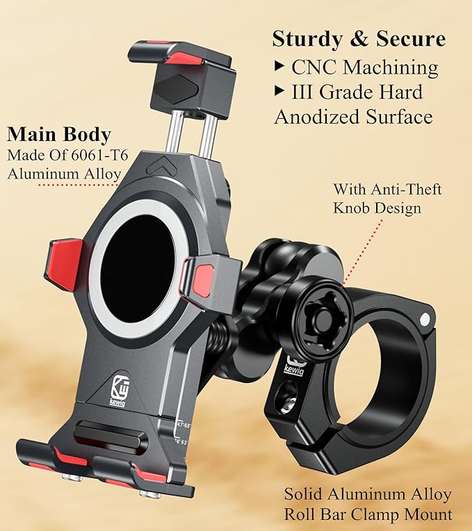 BRCOVAN Anti-Theft Aluminum Alloy UTV Phone Holder with Vibration Dampener & Secure Lock, Adjustable Roll Cage Cellphone Mount Fit 1.5''/1.65''/1.75''/1.85''/2'' Roll Bar, for 4.7''-7.2'' Smartphone