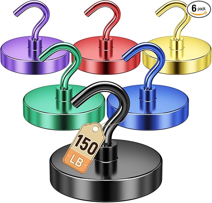 DURMATE Magnetic Hooks, Strong Magnet Hooks for Cruise Cabin, Cruise Ship Essentials, 150lbs Mixed-Color Fridge Magnets for Classroom, Tool Box, Door Decor (Black, Blue, Green, Purple, Red, Gold)