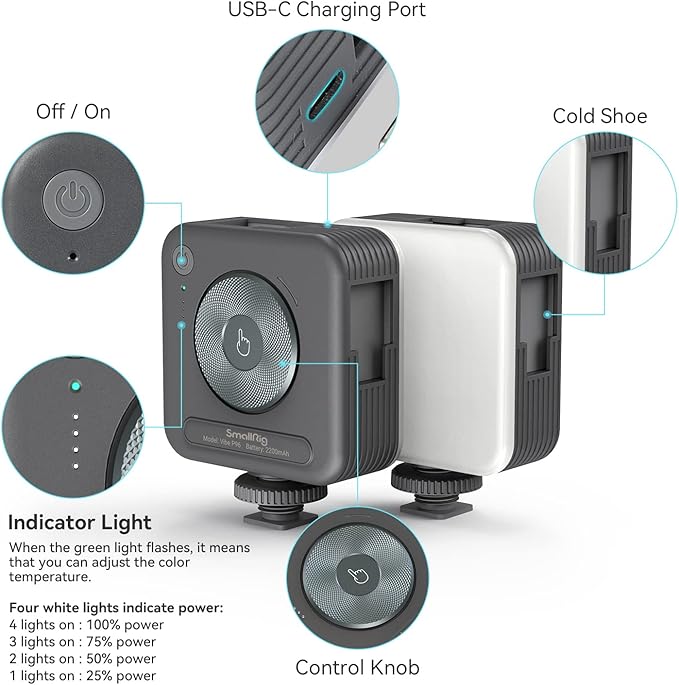 SmallRig P96 LED Video Light, Portable Camera Lights, 96 LED Beads for Photography Video Lighting, Rechargeable 2200mAh CRI 95+ 2700-6500K w 3 Cold Shoe