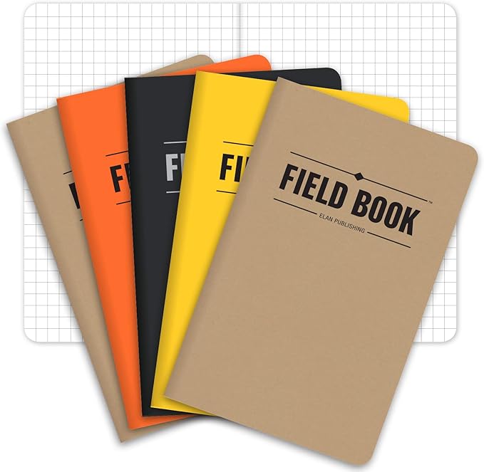 Elan Publishing Company Field Notebook/Pocket Journal - 3.5"x5.5" - Combination of Kraft, Black, Orange, Yellow - Graph Memo Book - Pack of 5