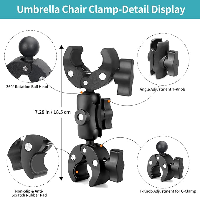 Double Clamp Mount Umbrella Chair Clamp with 360° Magic Arm, Umbrella Holder Clip for Chair Wheelchair Stroller Light Stand, Photography Reflector, Motorcycle, Live Scope Pole, Photo Boom Stand