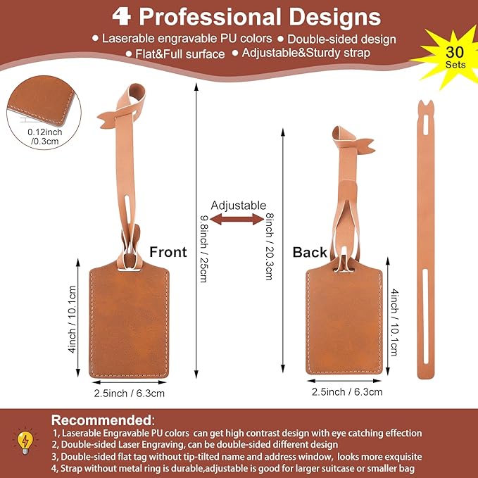 30 Sets Laser Engraving Material - Ideal Laserable Engravable Leatherette Team Gift Group Keepsake - Personalized Lasable Khaki Faux PU Leather Name ID Number for Suitcases Bag Backpack Badge