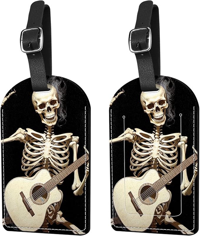 2 Pack Luggage Tag Suitcase Tags PU Leather Identifiers Privacy Cover Luggage Tags Aesthetic Cute Travel Bag Labels for Women Girls Men-Skull Skeleton