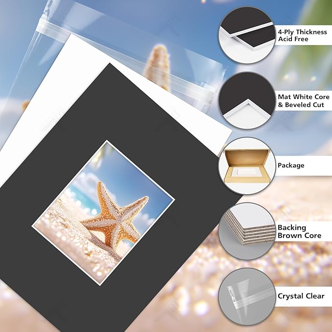 Golden State Art, Acid Free, Pack of 5, 16x20 Black Picture Mats Mattes with White Core Bevel Cut for 8x10 Photo + Backing + Bags