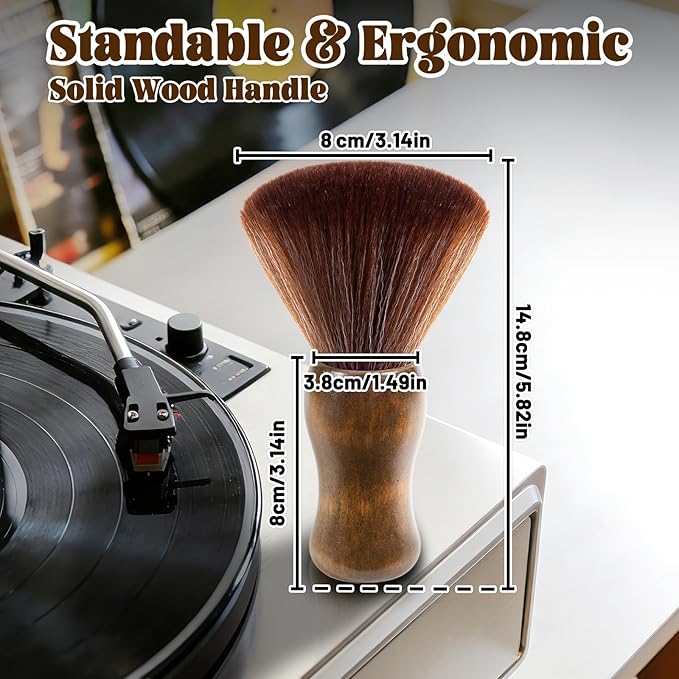 SIMPOR Vinyl Record Cleaning Kit with Stylus Brush, Anti Static Soft Velvet Record Brush Cleaner for LP Albums Turntable Player, Retro Wood Handle Dust Remover for Audiophile