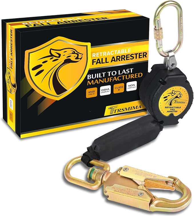 TRSMIMA Fall Protection Retractable Lanyard - 10FT Construction Self-Retracting Lanyard Fall Arrest Safety Roofing Carbineer Swivel Top Steel Snap Hook
