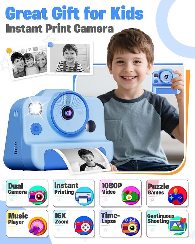 Instant Print Camera for Kids, Front Rear Dual Selfie Kids Camera with 1080P Videos, Christmas Birthday Gifts for Kids Ages 3-12, Toddler Digital Camera Toy for 4 5 6 7 8 Year Old Boys Girls (Blue)
