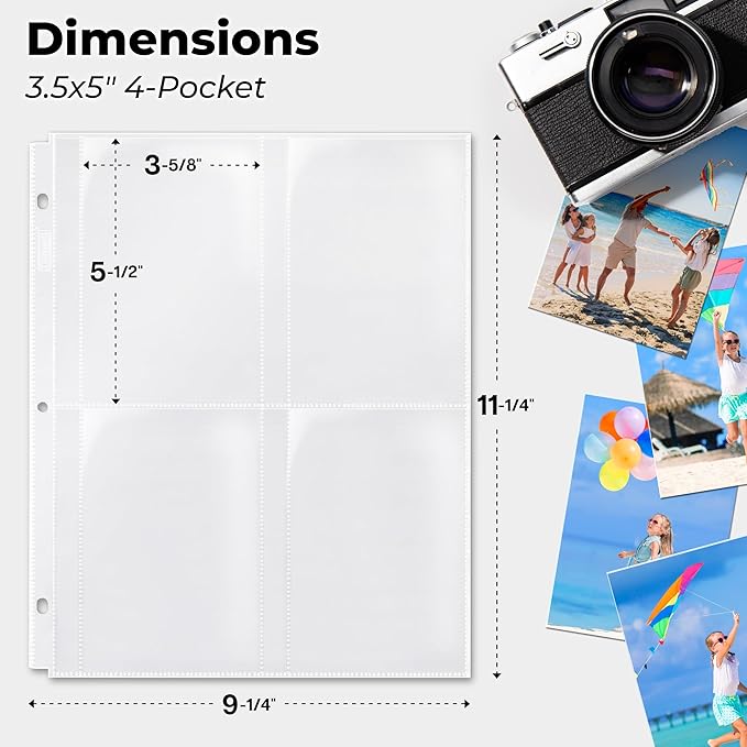 Dunwell Photo Sleeves for 3-Ring Binder, (3.5x5, 10 Pack) for 80 Pictures, Each Photo Page Holds 8 Pictures or 4 Seed Packets, Acid-Free Poly Plastic 3.5 x 5 Album Refill Pages