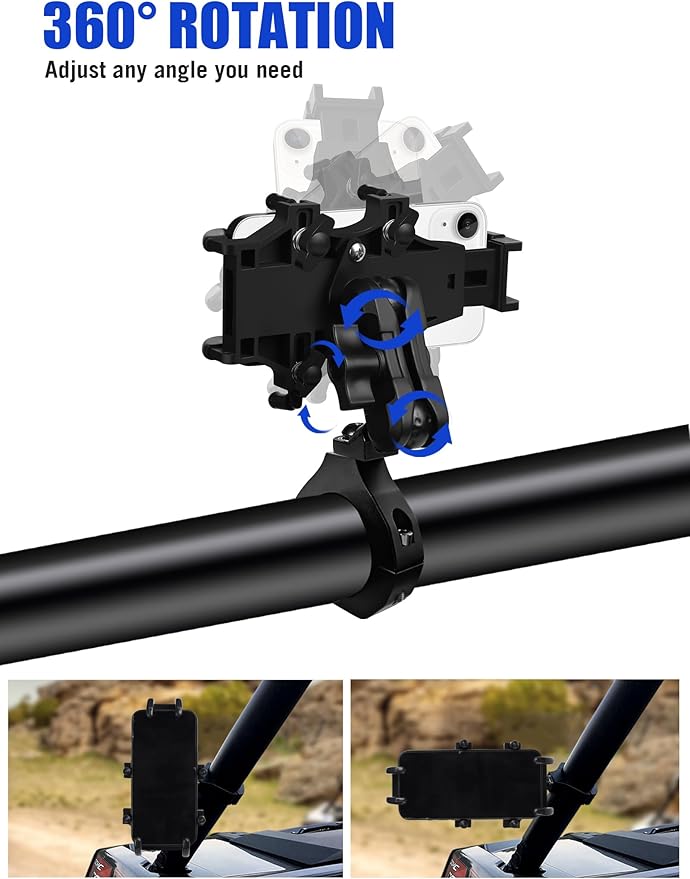 UTV Phone Holder, Aluminum Alloy Heavy Duty Cell Phone Mount for UTV/SXS,360° Adjustable Mounting Bracket Fits 1.75”-2” Roll Cage, 8 Claws Tightly Hold iPhones or 4.7”-7.1" Devices