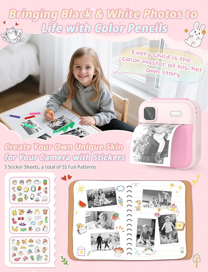 Kids Camera Instant Print, 1080P HD Digital Video Kids Instant Camera for Girl Boys, Toddler Toys for Children Age 3-12 with 3 Rolls Print Paper & 32G Card (Pink)
