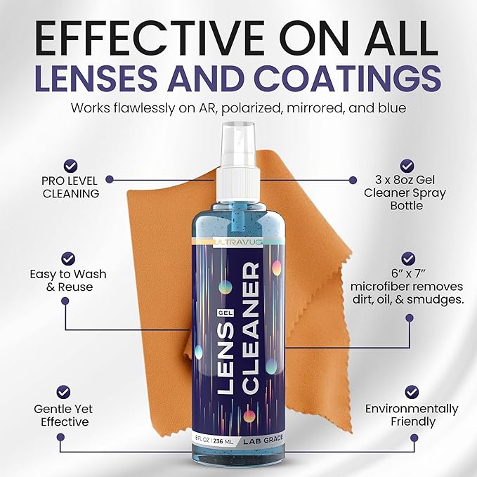 ULTRAVUE Eyeglass Gel Lens Cleaner Spray Kit - 3 x 8oz Gel Lens Cleaner Spray Bottle + 2 Microfiber Cloth for Cleaning - Safe for All Lenses (AR Coated Included), Eyeglasses and Screens